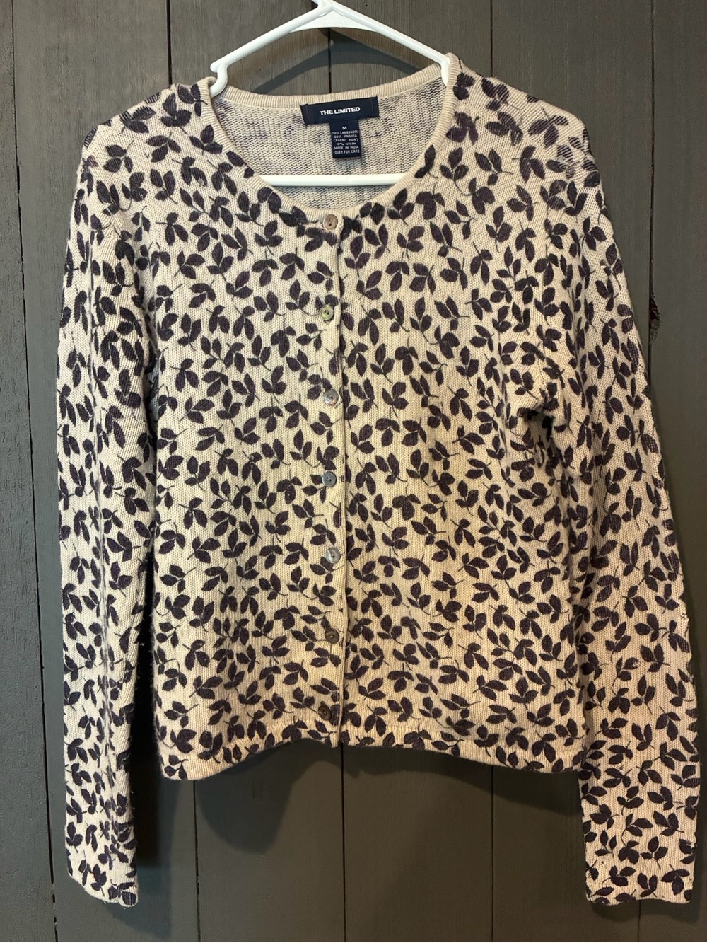 The Limited Cream Cardigan with Black Leaf Print angora and wool womens